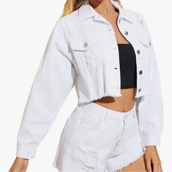 LifeShe White Cropped Denim Distressed Jacket, Women’s XL - Picture 1 of 8